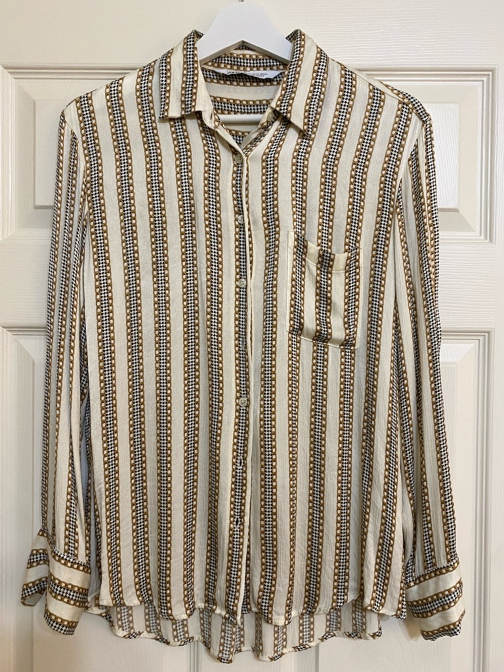 Zara woman’s Vertical Stripe Button-Down Shirt - Cream, brown and black size S